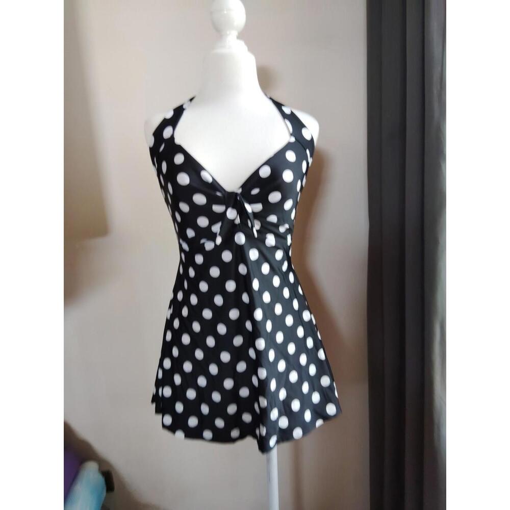 CocoShip Black Polka Dot Healter Tie Onepiece Swiimdress & Shorts Size 12/ XL